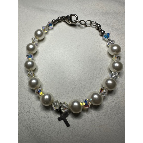 Unbranded Other - Sterling Silver 925 Pearl Crystal Beaded Bracelet with Cross Charm Religious